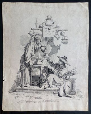an old drawing of a man and a woman cooking in a kitchen