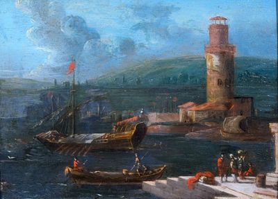 a painting of a harbor scene with boats and a lighthouse