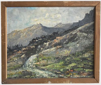 an oil painting of a mountain scene with a stream in the foreground
