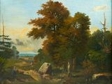 painting of a wooded landscape with cattle and trees in front of a body of water
