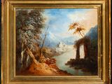 an oil painting of a river scene with a castle in the distance