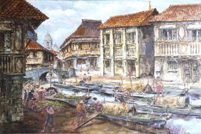 une peinture représentant un canal avec des bateaux