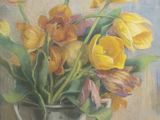 painting of a vase of yellow and pink tulips on a table