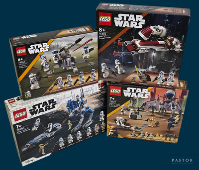 Trois coffrets Lego Star Wars sont présentés sur un fond bleu