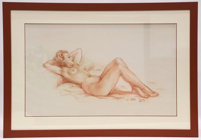 drawing of a nude woman laying on her stomach in a brown frame