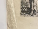 a drawing of a man standing next to a pile of apples
