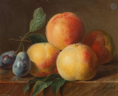 un tableau représentant des pêches et des prunes posées sur une table