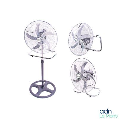 three different views of a table top fan on a white background