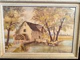 painting of a water mill in a country setting with trees and water wheel