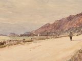 un tableau représentant une personne marchant sur un chemin de terre