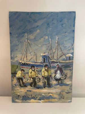 une peinture représentant un groupe de personnes sur la plage