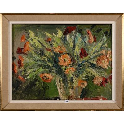 une peinture à l'huile représentant un vase de fleurs sur une table