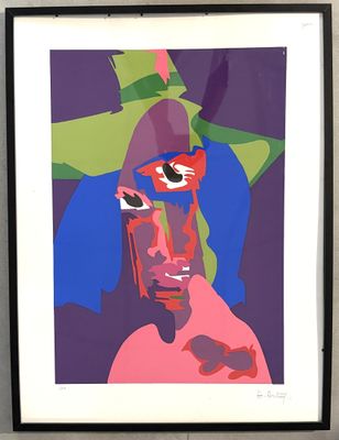 tableau représentant un homme coiffé d'un chapeau et au visage coloré, dans un cadre noir