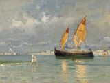 an image of a painting of a sailboat in a body of water