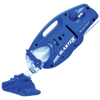 un gros plan d'un aspirateur bleu et blanc sur fond blanc