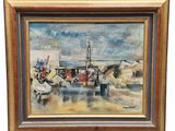 une peinture à l'huile représentant un bateau amarré dans un port, avec d'autres bateaux dans l'eau