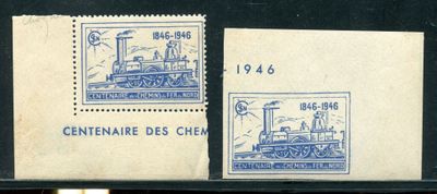 two stamps with a picture of a train on them on a table