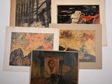 several paintings of people and animals are hanging on a wall