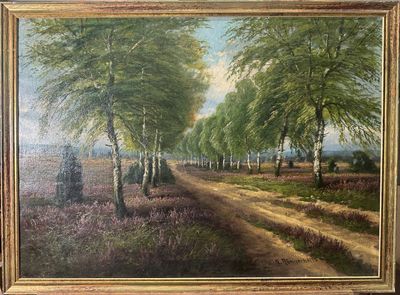 oil painting of a country road with a horse drawn carriage in the distance