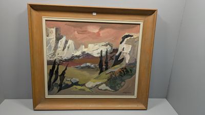 a painting of a man standing in front of a mountain
