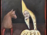 tableau représentant un homme avec une banane sur la tête, à côté d'un chat