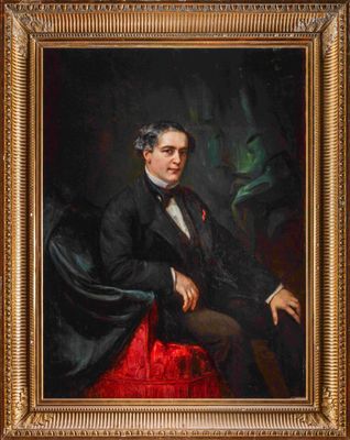 tableau représentant un homme en costume noir et cravate rouge, assis sur une chaise rouge