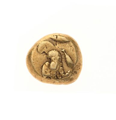 une image représentant une pièce d'or sur laquelle figurent un homme et un chien