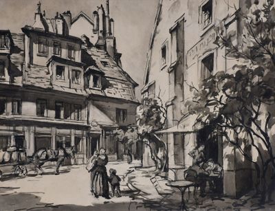 dessin représentant une scène de rue avec des passants et une calèche
