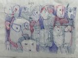 drawing of a group of people with faces drawn on a piece of paper