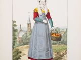 une illustration représentant une femme en robe bleue tenant un panier de fruits