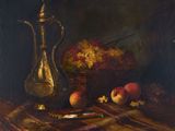 tableau représentant une nature morte avec une théière en argent, des pêches et un couteau