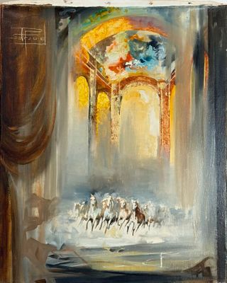 an oil painting of a stage with horses running through it