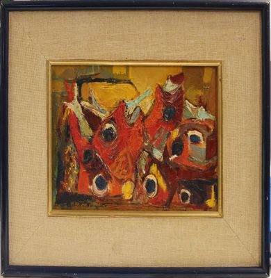 une peinture à l'huile représentant un groupe de personnes dans une pièce