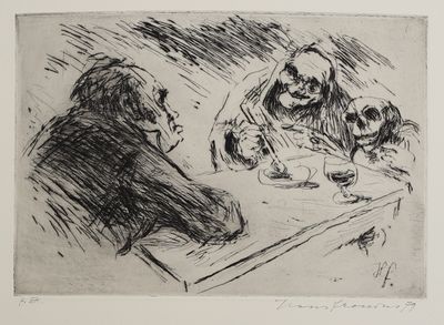 an image of a black and white drawing of a man sitting at a table with two dogs