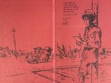 a drawing of a woman standing on a street corner