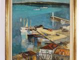 une peinture à l'huile d'une scène portuaire avec des bateaux dans l'eau