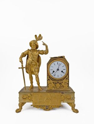 Pendule borne en bronze ciselé et doré à décor du roi Henri IV, la bor