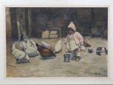 a painting of a little girl feeding chickens in a barn