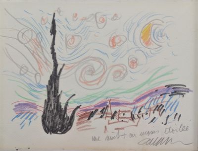 dessin représentant un arbre avec le ciel et le soleil en arrière-plan