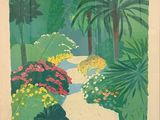 une image représentant un tableau d'un jardin avec des fleurs et des palmiers