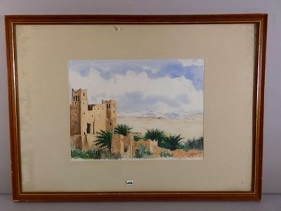 aquarelle encadrée représentant un vieux bâtiment dans un paysage désertique