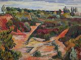 une peinture à l'huile représentant un chemin de terre avec des maisons au loin