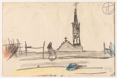 drawing of a person walking in front of a church with a car in the foreground