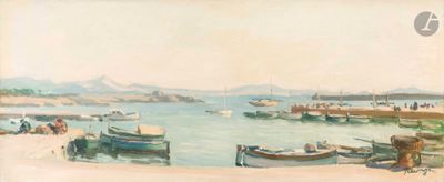 a painting of a harbor with boats on the water