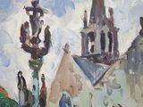 painting of a church with a clock tower and a fountain in front of it