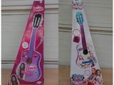 two pictures of a pink guitar and a purple guitar