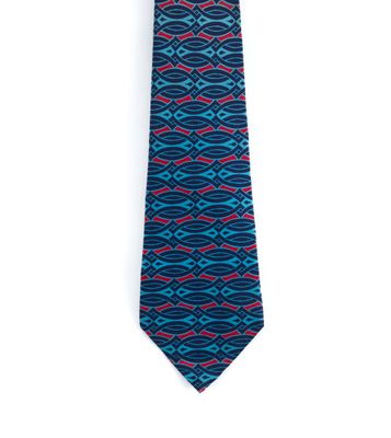 La cravate est bleue et rouge, avec un motif dessus.