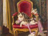 une image représentant un tableau où l'on voit un chat assis sur une chaise rouge