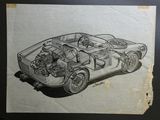 un vieux dessin représentant une voiture avec un moteur à l'arrière