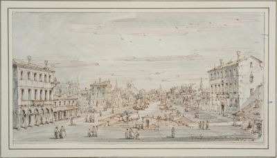 dessin représentant une vue de ville avec des personnages et des bâtiments